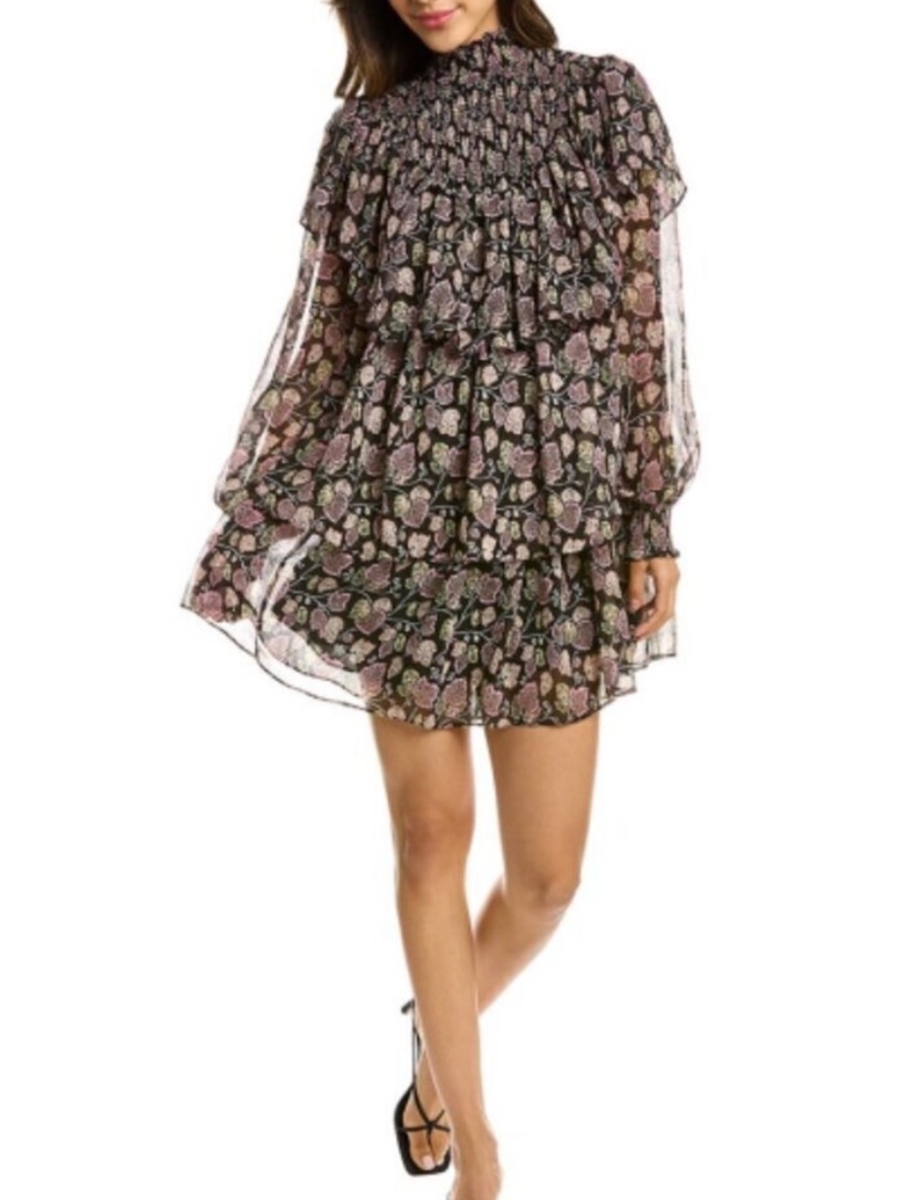 cinq a sept Drew Black Floral Ruffle Smocked Mini Dress